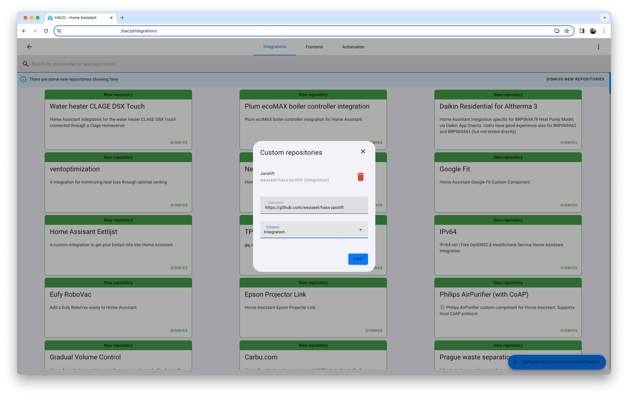HACS Custom Repositories add